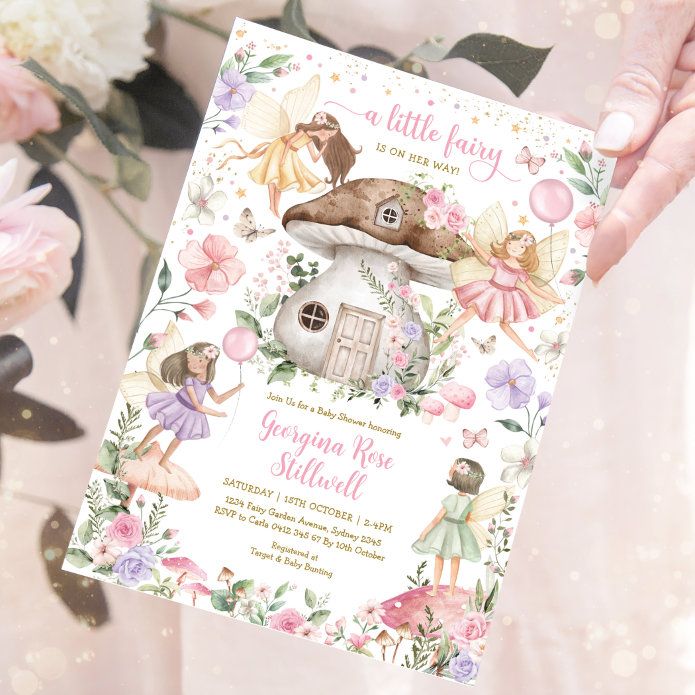 a person holding up a card that says little fairy on the front and side with flowers in the background