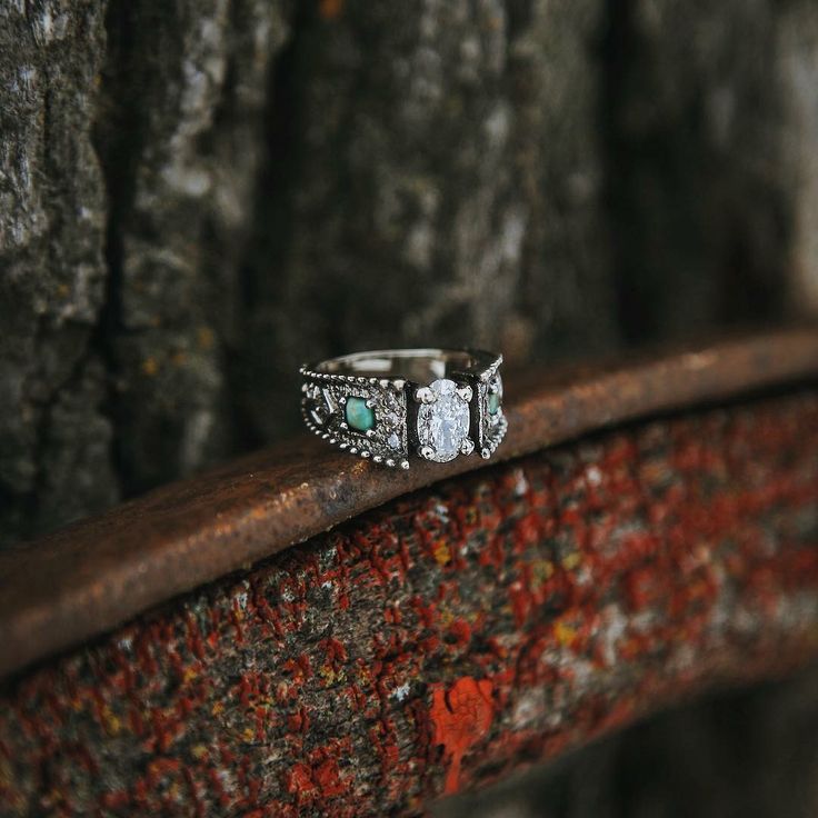 two wedding rings sitting on top of a wooden rail next to a tree trunk with moss growing on it