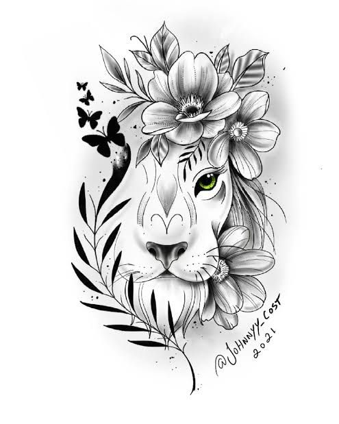 a tiger with flowers on its head and butterflies around it's neck, in black ink