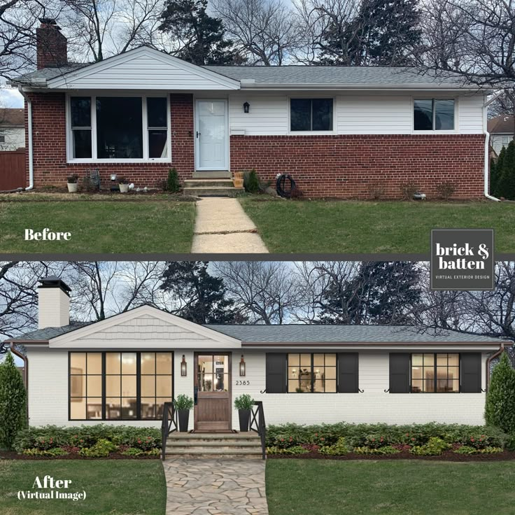 before and after photos of a brick ranch house