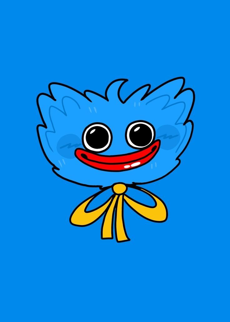 a blue bird with big eyes and a yellow bow around its neck on a blue background