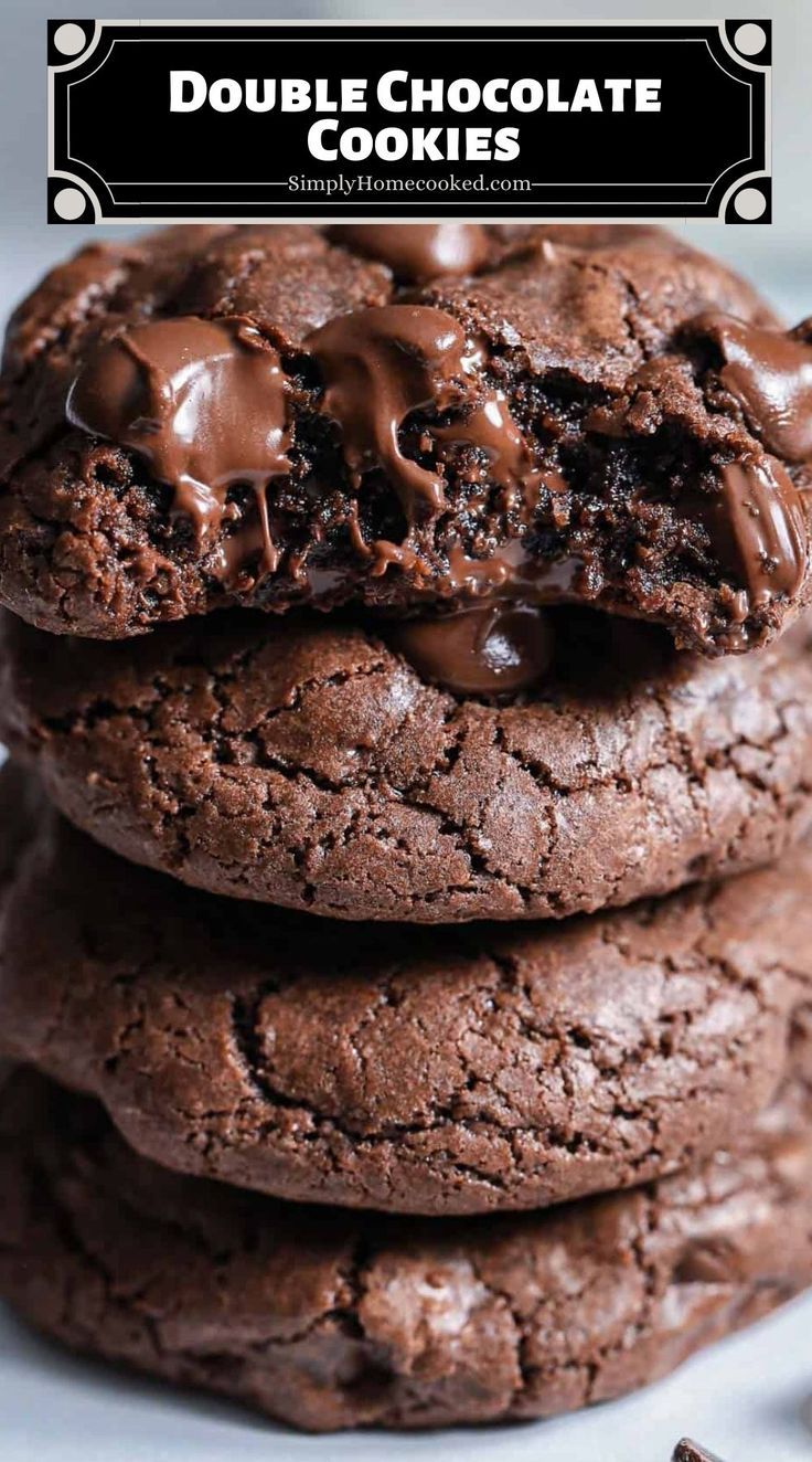 chocolate cookies stacked on top of each other with the words double chocolate cookies above them