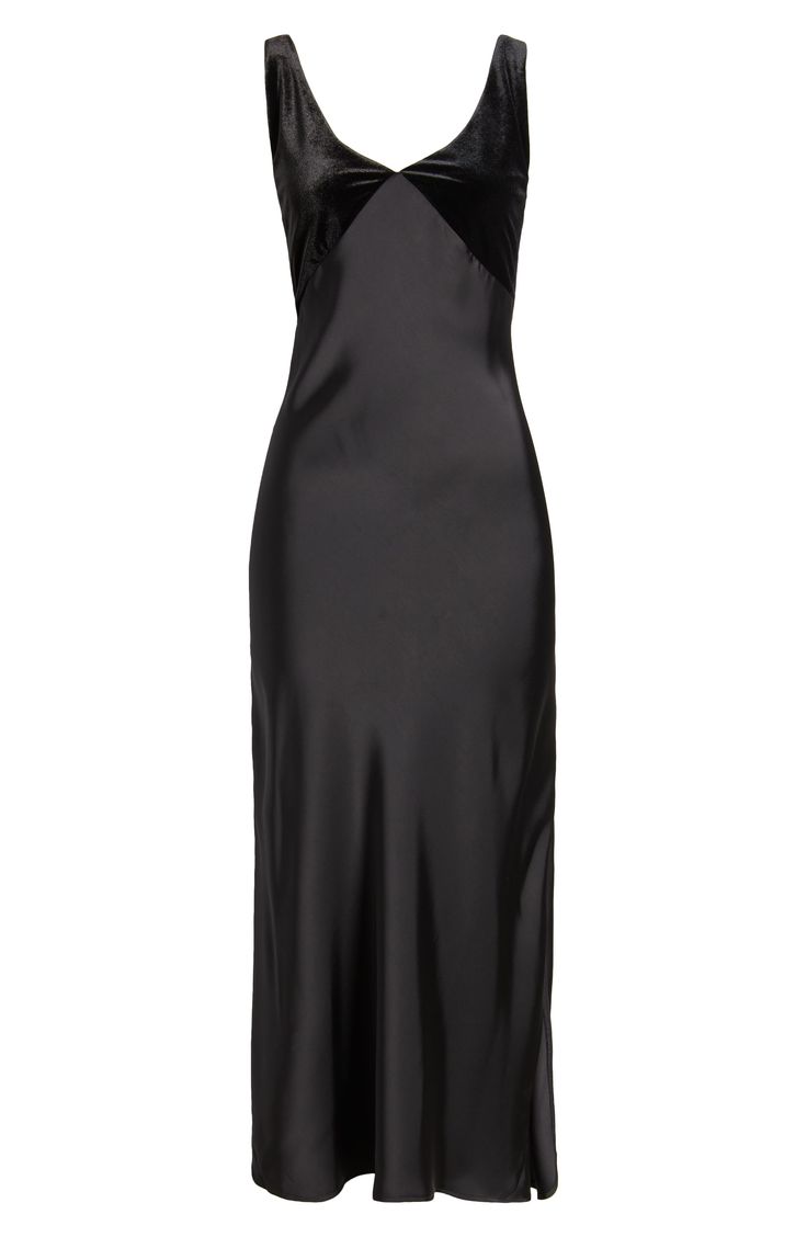 Timeless elegance defines this fluid satin maxi accented with a rich velvety bodice. V-neck Sleeveless 100% polyester Dry clean Imported Sleeveless Modal Satin Maxi Dress For Night Out, Sleeveless Evening Dress With Satin Trim, Fitted Slip Dress With Satin Trim For Party, Chic Evening Dress With Satin Trim, Chic Evening Dresses With Satin Trim, Elegant Evening Dresses With Satin Trim, Chic Evening Slip Dress With Satin Trim, Sleeveless Velvet Midi Dress For Formal Occasions, Chic Fitted Slip Dress With Satin Trim