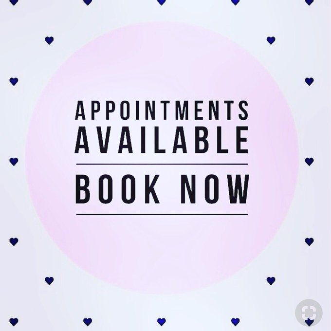 the words appointments available book now are in black and blue hearts on a white background