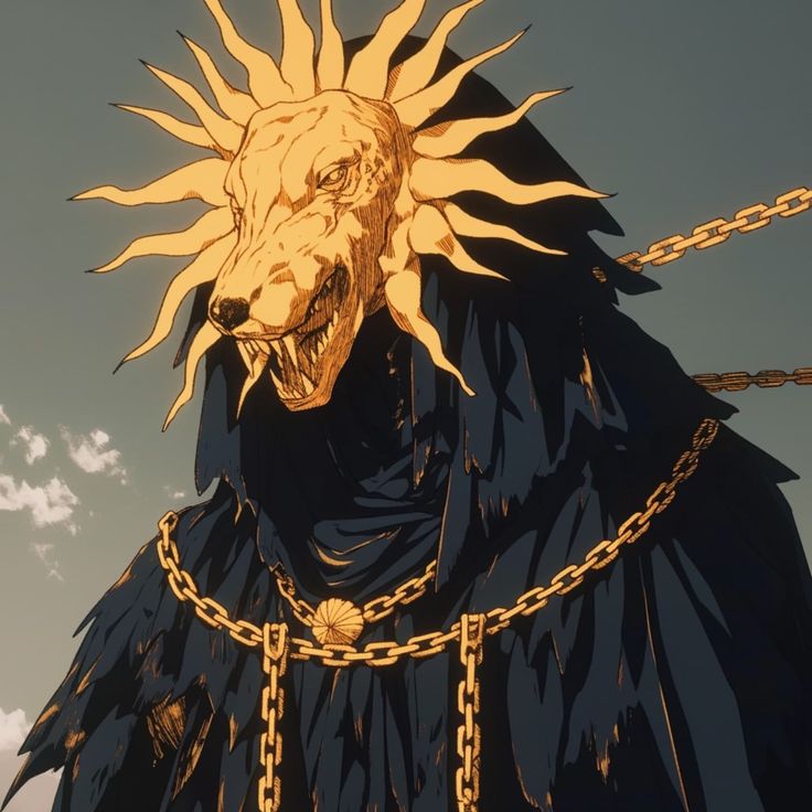 an animated image of a man with chains around his neck and head, in front of the sky