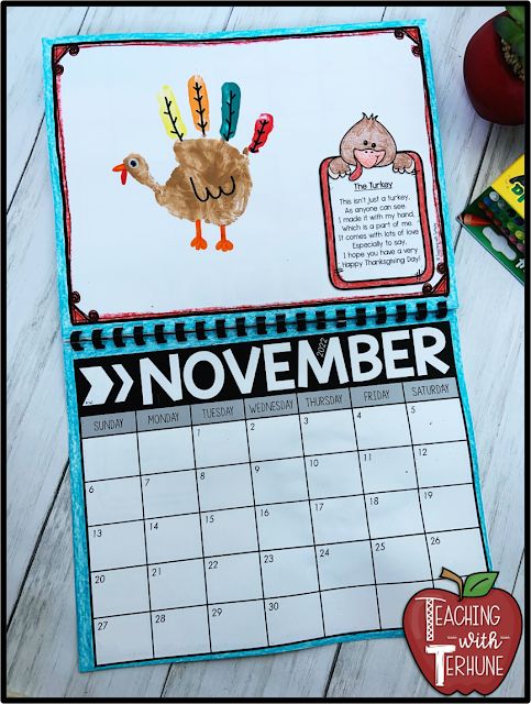 the november calendar is decorated with handprinted pictures and words, including an image of a turkey