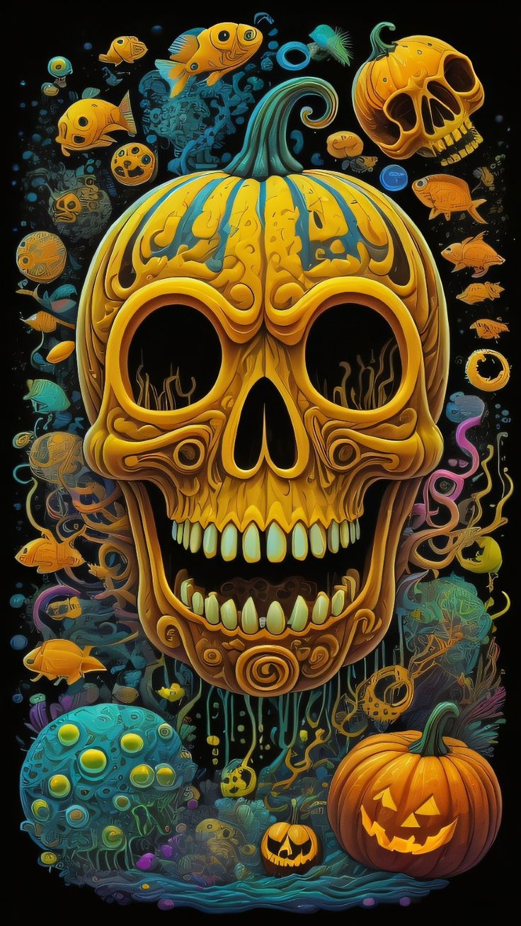 a painting of a skull surrounded by sea creatures