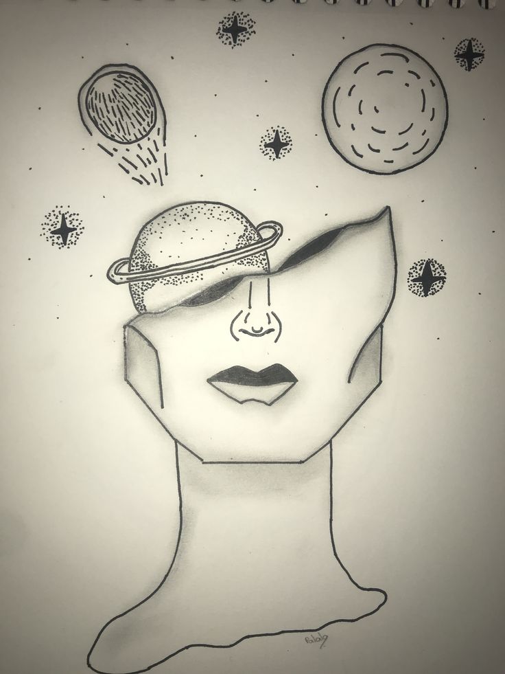 a drawing of a man's head with planets and stars in the sky above it