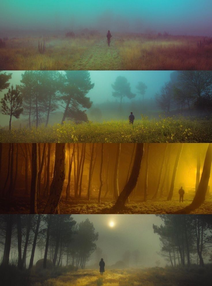 three different images of people walking in the woods at night, and then foggy day