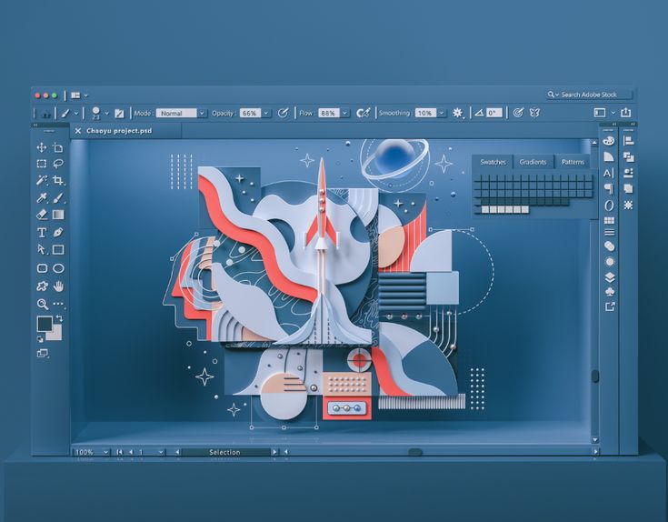 a computer screen with an image of a space shuttle in the center and other things on it