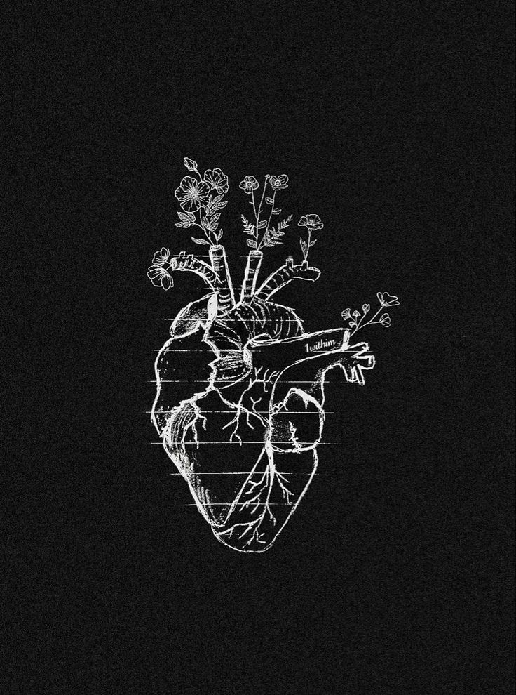 a black and white drawing of a human heart with flowers growing out of the inside