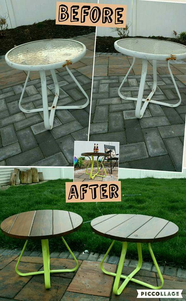 before and after photos of an outdoor table