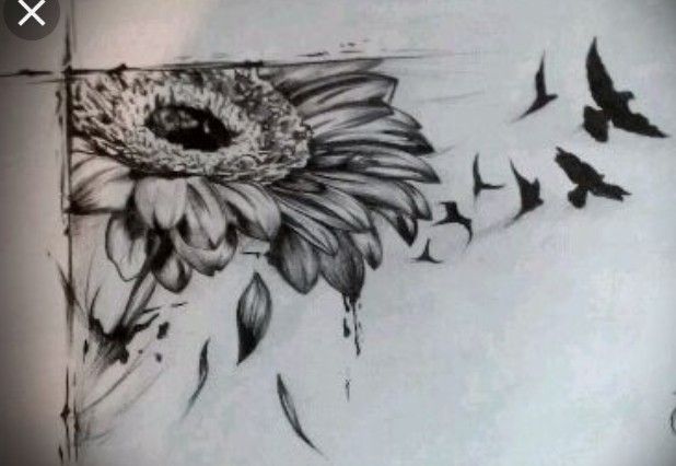 a drawing of a sunflower with birds flying around it