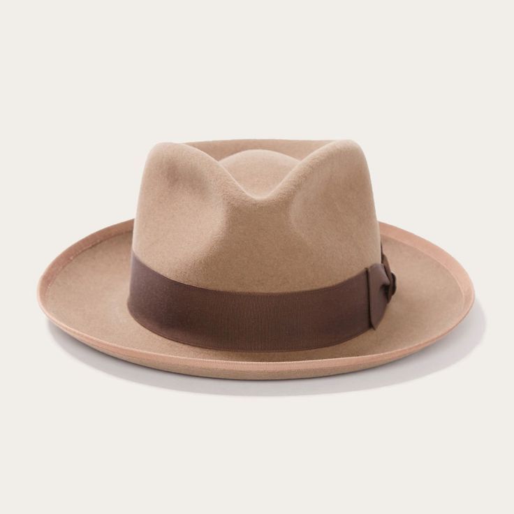 Brim: 2 3/8" Crown: 4 1/2" Cowhide Sweatband Grosgrain Hat Band Bound Edge Made in U.S.A. Classic Brown Felt Hat With Flat Crown, Classic Beige Panama Hat For Fall, Fall Panama Hat With Curved Brim In Fur Felt, Classic Curved Brim Felt Hat For Fall, Classic Felt Hat With Curved Brim For Fall, Brown Fedora For Kentucky Derby And Formal Occasions, Flat Crown Fur Felt Fedora, Fitted Flat Crown Fedora For Fall, Classic Panama Hat With Curved Brim For Fall