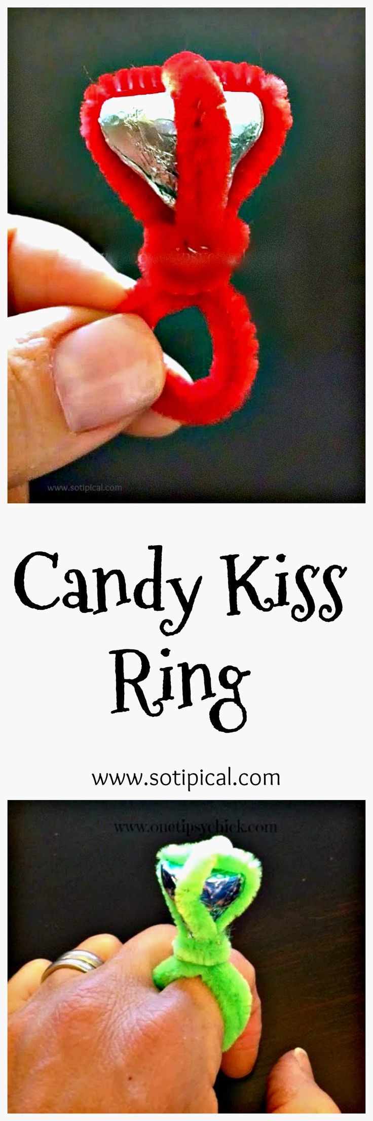 two pictures with the words candy kiss ring on them and an image of a hand holding a