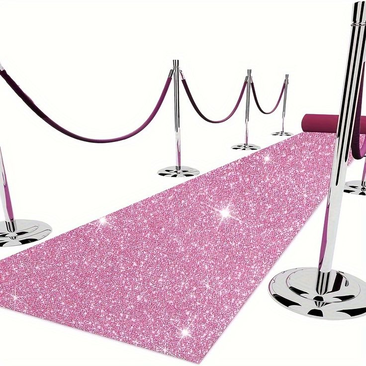 a pink carpet with stancers and roped off barriers