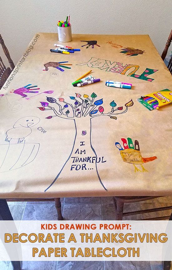 a child's drawing on a table with the words decorate a thanksgiving paper tablecloth