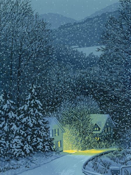 a painting of a snow covered road with houses and trees in the background at night