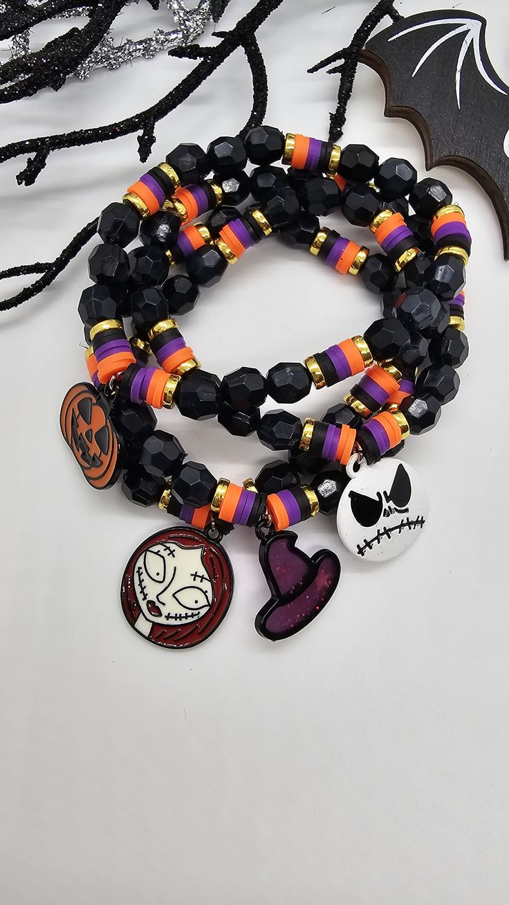 Spooky season is upon us! Order now to receive you bracelets before Halloween.  Jack and Sally the pumpkin king and queen??? or maybe just a pumpkin charm will do. Let us know in the description box what charm you would like on your beautifully hand crafted bracelets. Halloween Themed Jewelry For Costume Party, Themed Jewelry For Halloween Costume Party, Halloween Novelty Jewelry Bracelet, Halloween Novelty Bracelet, Handmade Themed Halloween Bracelet, Handmade Themed Bracelet For Halloween, Spooky Halloween Bracelets For Gift, Spooky Halloween Gift Bracelets, Halloween Bracelet Jewelry Gift