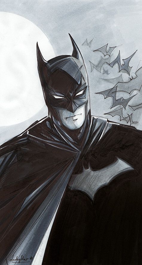 a black and white drawing of batman with bats in the background