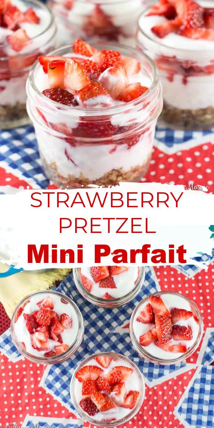 strawberry pretzel mini parfait in small glass jars