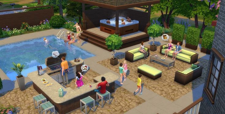 a group of people standing around a pool in the middle of a yard with tables and chairs