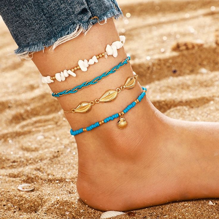 Brand New 4 Piece Blue And Gold Ankle Bracelet Set. Detailed With Gold Seashells And White Beads. Anklets Are Adjustable High Quality Blue Beachy Anklets For Gift, Blue Anklets For Beach Season, Handmade Blue Anklets For Beach Season, Blue Anklets For Beach Festival, Blue Beach Anklets, Blue Beaded Bohemian Anklets, Casual Blue Anklet For Beach Season, Handmade Blue Anklets For Vacation, Handmade Blue Beachy Anklets