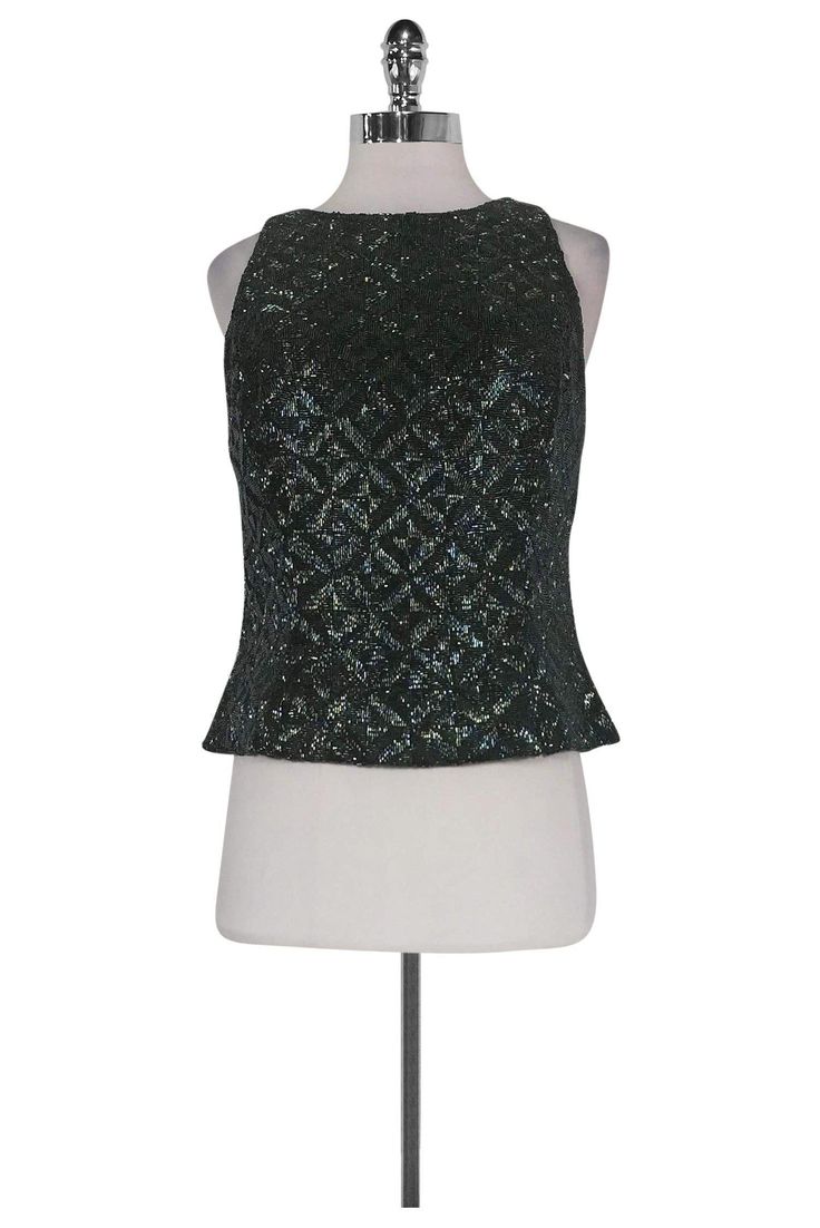 Current Boutique-Carmen Marc Valvo - Green Beaded Silk Top Sz 10 Glamorous Green Evening Tops, Elegant Green Tops For Party, Glamorous Green Tops For Evening, Glamorous Green Top For Evening, Green Top For Night Out Party Season, Glamorous Green Fitted Tops, Green Fitted Glamorous Top, Fitted Glamorous Green Tops, Elegant Green Stretch Top