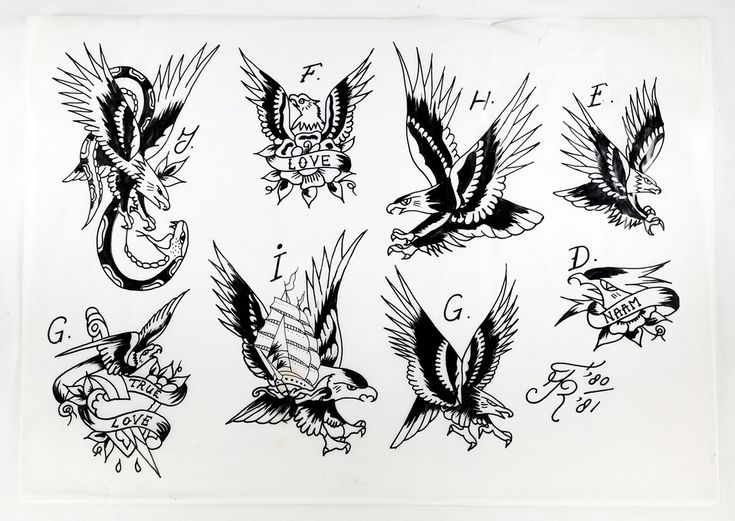 an old school tattoo flash sheet with eagle and dragon tattoos on it's arms