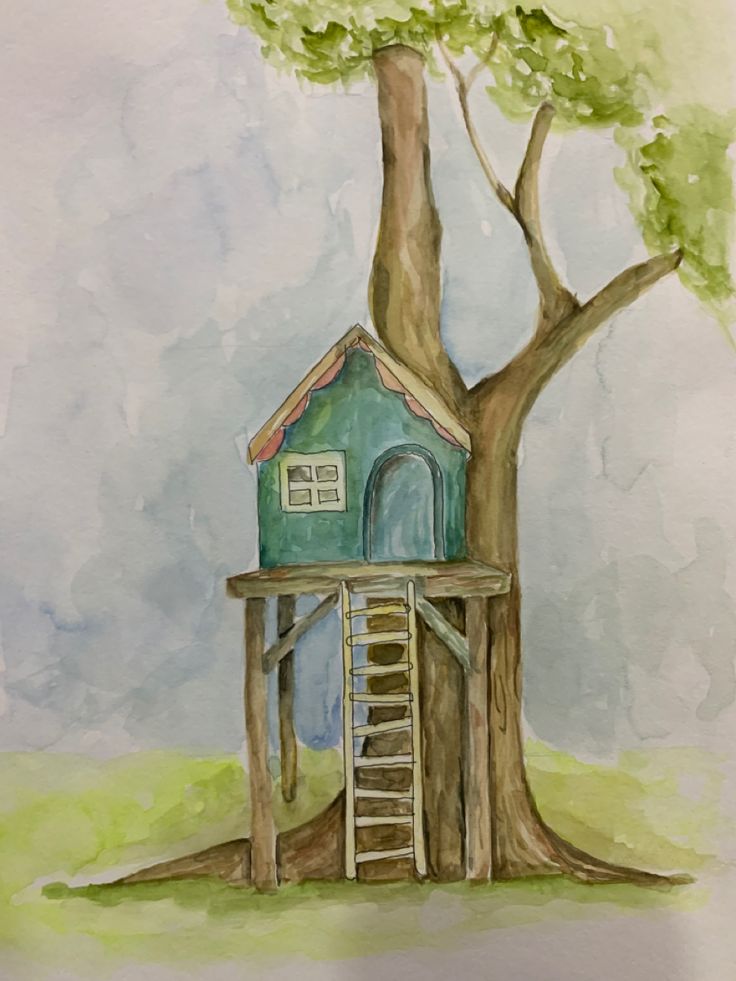 a painting of a tree house in the middle of a field with a ladder leading up to it