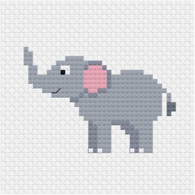 an elephant cross stitch pattern in grey and pink, with the shape of a heart on it's chest