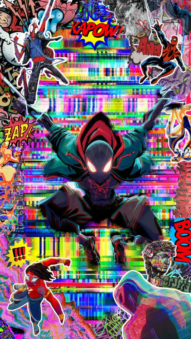 spider - man collaged with comic characters in front of a colorful background and text