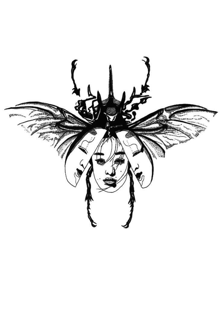 a black and white drawing of a woman's face with wings on her head