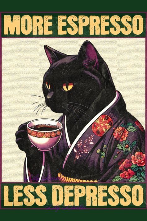 a black cat wearing a kimono holding a cup of tea and looking at the camera