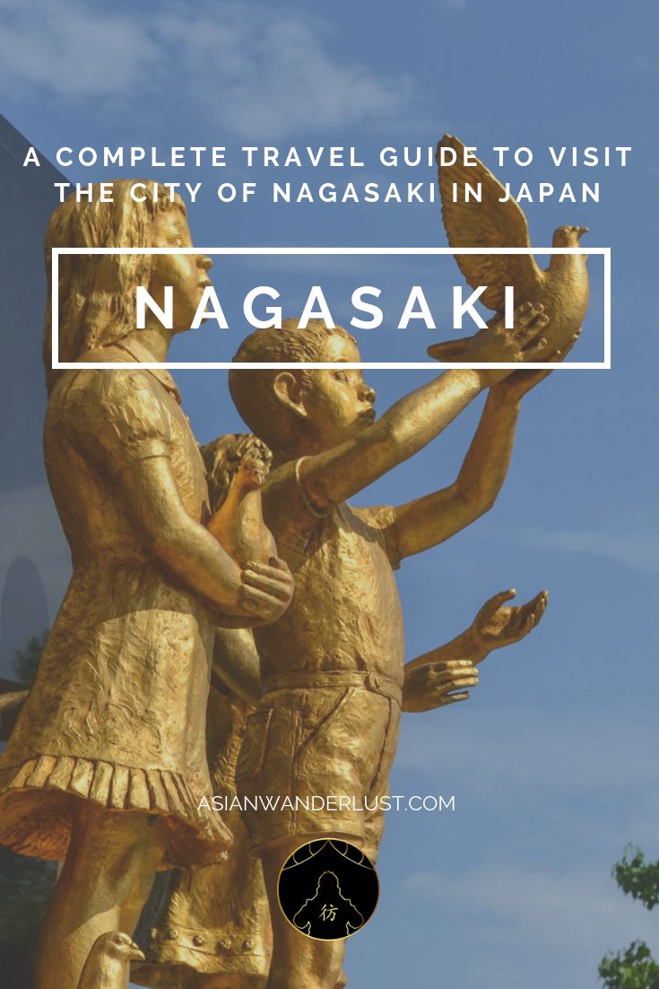 a golden statue with text overlay that reads, a complete travel guide to visit the city of nagasaki in japan