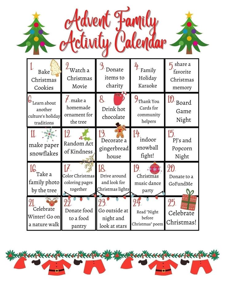 an activity calendar with christmas sweaters and stockings on the bottom, in red and green