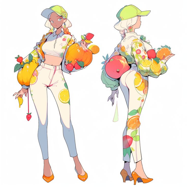 two women dressed in costumes with fruit on them