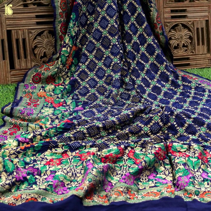 Midnight Blue Banarasi Pure Georgette Bandhani Saree - Khinkhwab Elegant Designer Wear Dupatta With Bandhani Print, Elegant Bandhani Print Dupatta For Designer Wear, Traditional Bandhani Print Blouse Piece For Designer Wear, Designer Bandhani Print Saree, Traditional Bandhani Print Paithani Silk Saree, Traditional Paithani Silk Saree With Bandhani Print, Traditional Paithani Silk Dupatta For Designer Wear, Designer Banarasi Silk Shawl With Zari Work, Bandhani Print Jamawar Saree