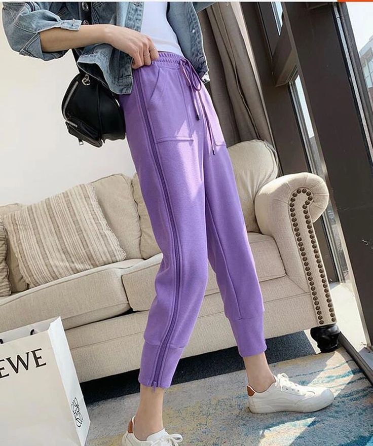 Casual Side Zipper Ankle Length Pants – Tomscloth Stretch Straight Joggers With Pockets, Spring High-waisted Leggings With Pockets, High Waist Stretch Pants For Jogging, Purple Ankle-length Pants With Pockets, Purple Ankle-length Bottoms With Pockets, Casual Purple Ankle-length Pants, Purple Bottoms With Side Pockets, Athleisure Trousers For Fall, Casual Purple Pants For Spring