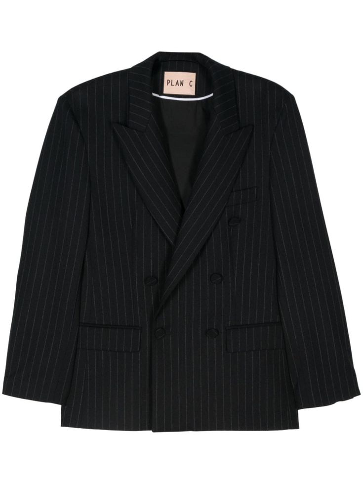 dark green wool blend pinstripe pattern double-breasted button fastening peak lapels long sleeves buttoned cuffs chest welt pocket two front flap pockets full lining straight hem Pinstripe Pattern, Iconic Bags, Green Wool, Exclusive Fashion, Ski Wear, Lady Dior, Outerwear Women, Welt Pocket, Jacket Tops