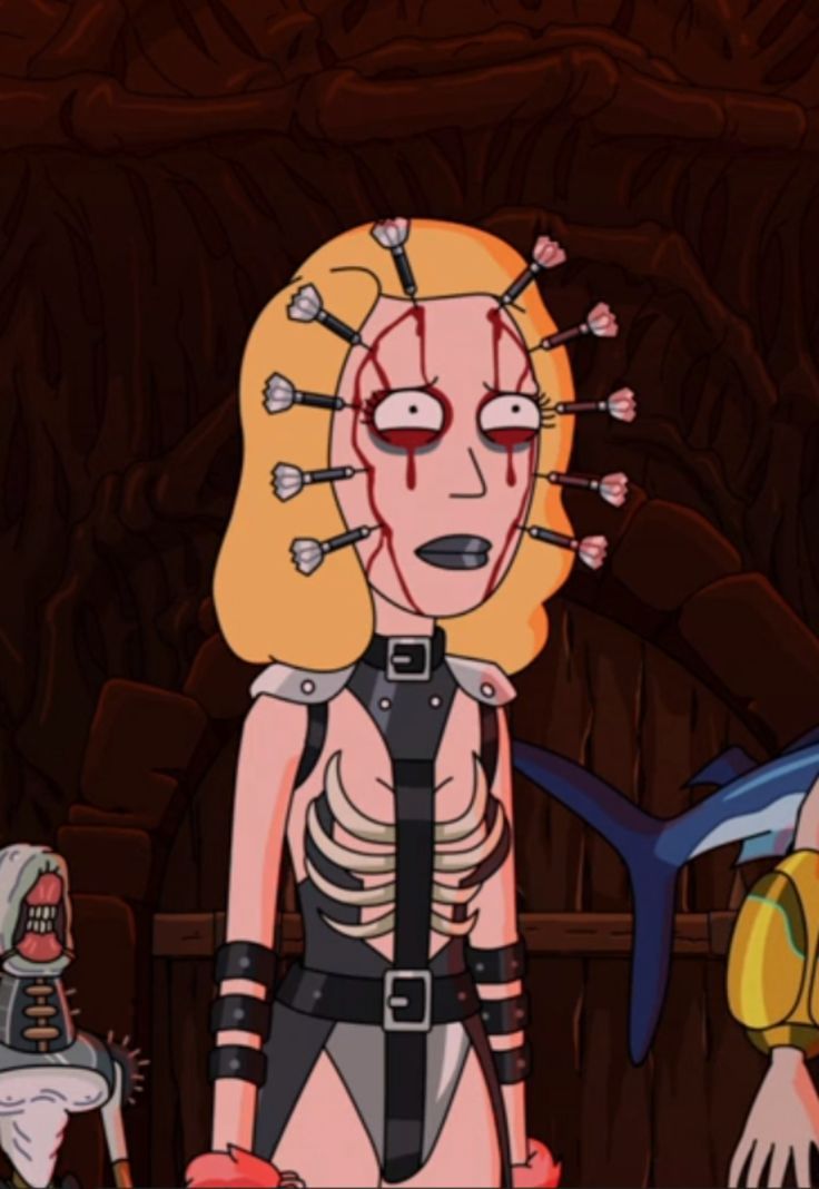 an animated cartoon character with blonde hair and piercings standing next to two other characters