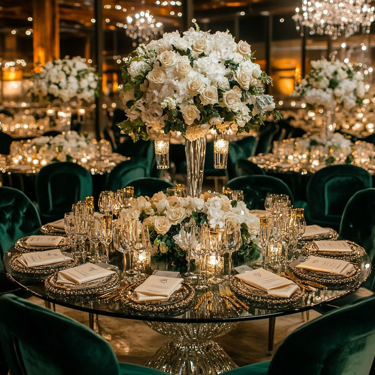 a table set up for a formal dinner with green velvet chairs and centerpieces