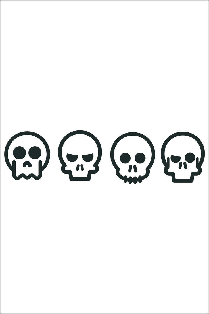 three skulls with different faces are shown in black on a white background, and one is drawn