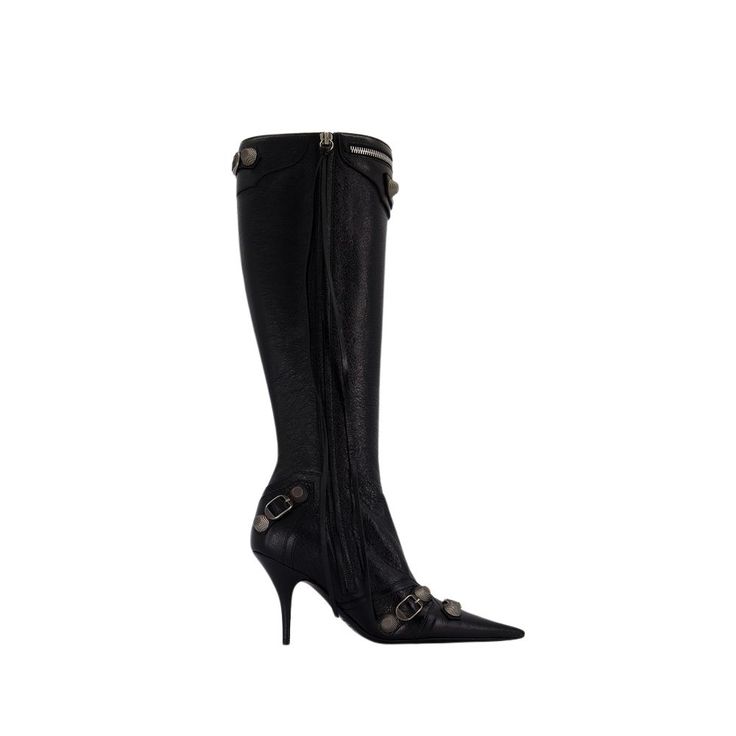 The Cagole H90 booties by Balenciaga showcase a remarkable knee-high design, effortlessly merging elegance and an edgy vibe. Perfect for fashion events or nights out, these striking booties elevate any ensemble. 

- Pointed toe  
- Side zip closure  
- Decorative buckles  
- Leather material  
- Black color Luxury Winter Boots For Night Out, Luxury Black Knee-high Heeled Boots, Designer Boots For Night Out In Fall, Edgy Fitted Leather Heeled Boots, Black Punk Boots For Evening, Luxury Knee-high Boots For Night Out, Luxury Fitted Boots With Buckle Closure, Edgy Fitted Heeled Boots For Evening, Fitted Edgy Heeled Boots For Evening