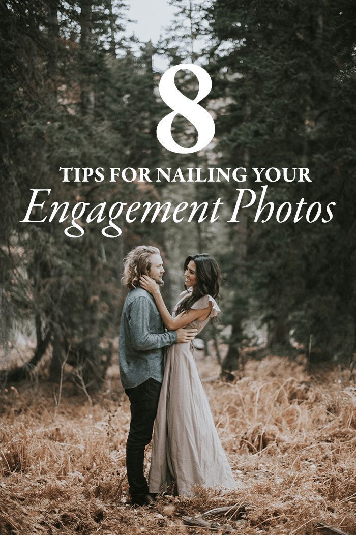 an engaged couple in the woods with text overlay that reads 8 tips for nailing your engagement photos