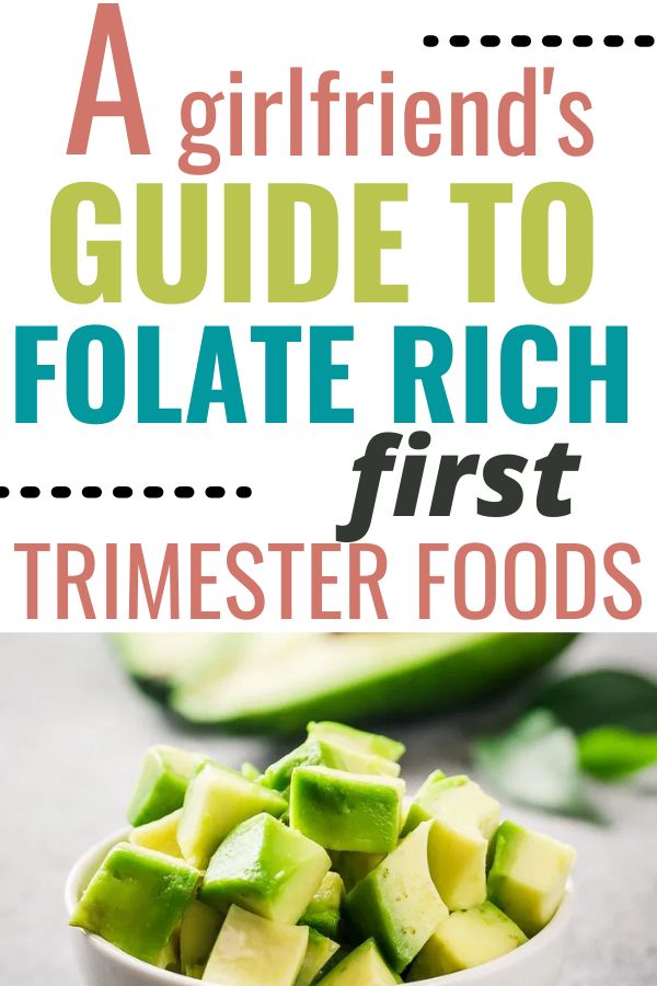 a white bowl filled with sliced avocado and the words, a girlfriend's guide to folatete rich first trimster foods