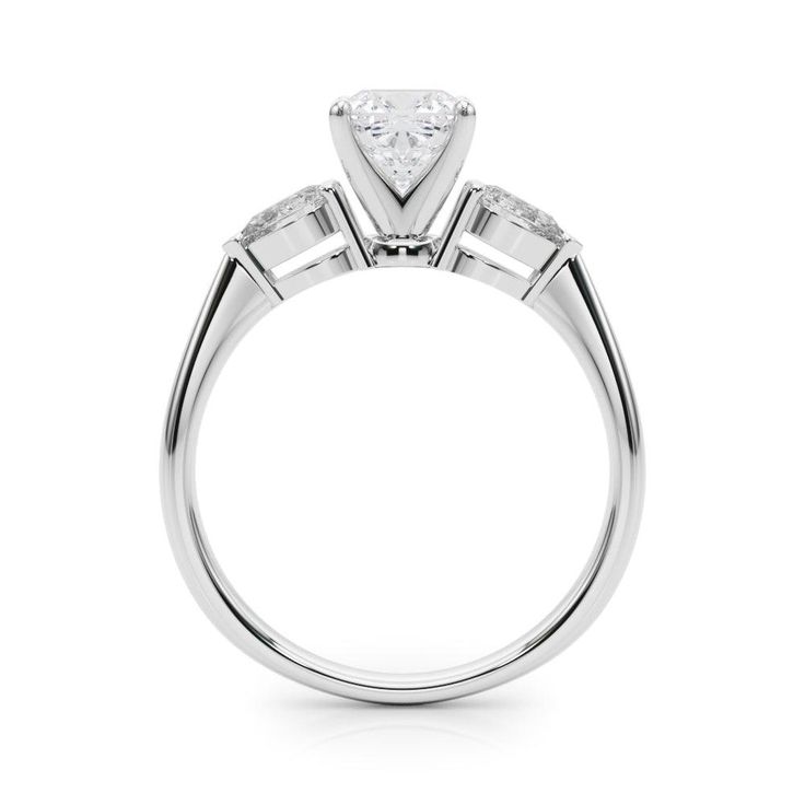 a three stone engagement ring with side stones on the shoulders and an accent diamond in the center