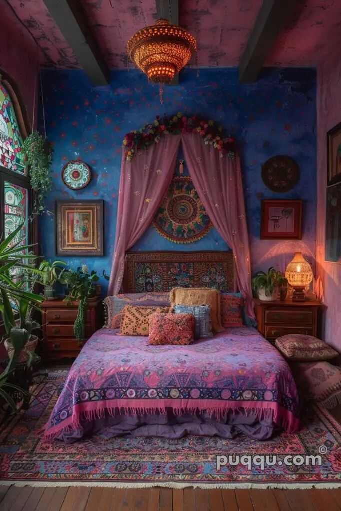 a bedroom decorated in pink and blue with a bed covered in a purple bedspread