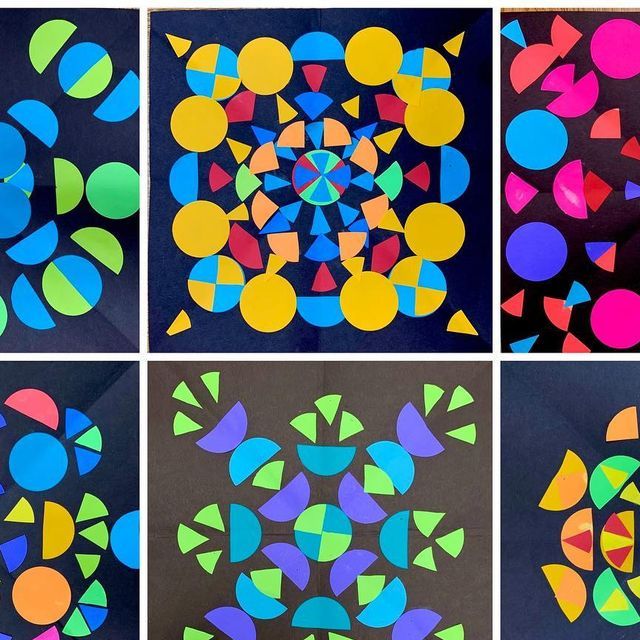 four different images of colorful circles and shapes on black paper, each with an individual's own image