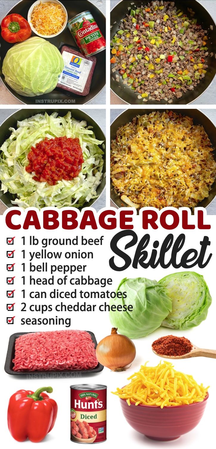 an advertisement for cabbage roll skillet with pictures of ingredients and instructions to make it